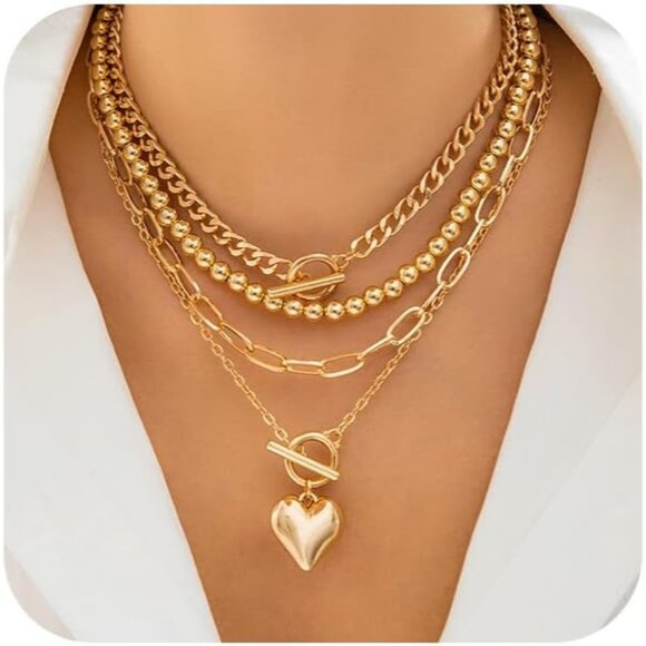 Gold-Plated Layered Heart Choker Necklace with Puffy Pendant - 35cm to 45cm - Picture 1 of 9